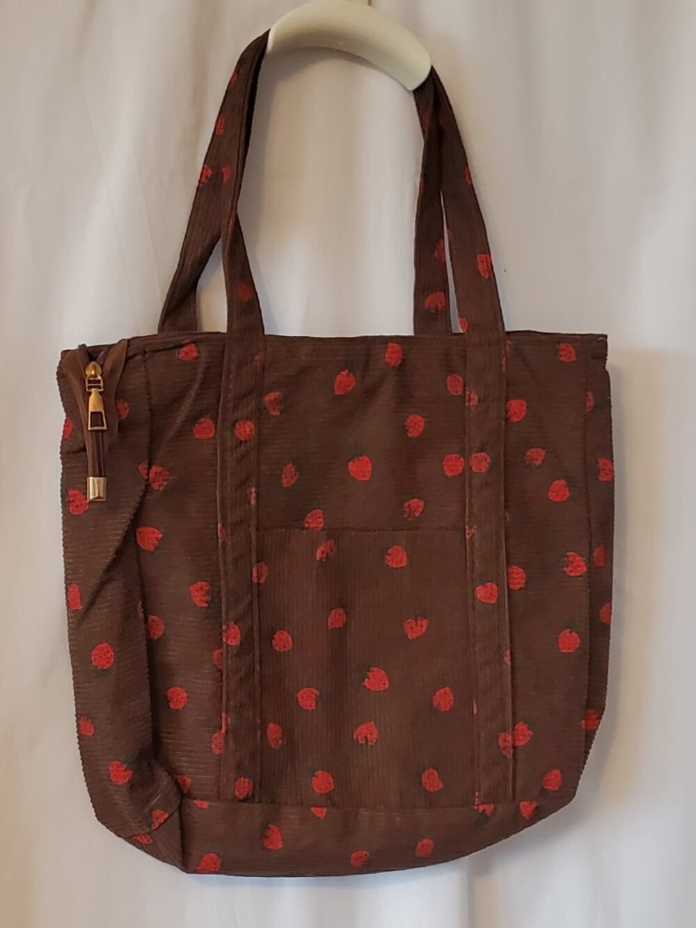 Strawberry Tote Corduroy zip top tote with outside pocket color:brown BRAND NEW!